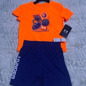 NWT Under Armour Boys Orange Graphic T-Shirt & Blue Shorts Set | Size 2T